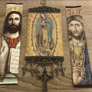 Religious icon banner Set lady Guadalupe Mary With Jesus Pure Cotton Gold Yarn